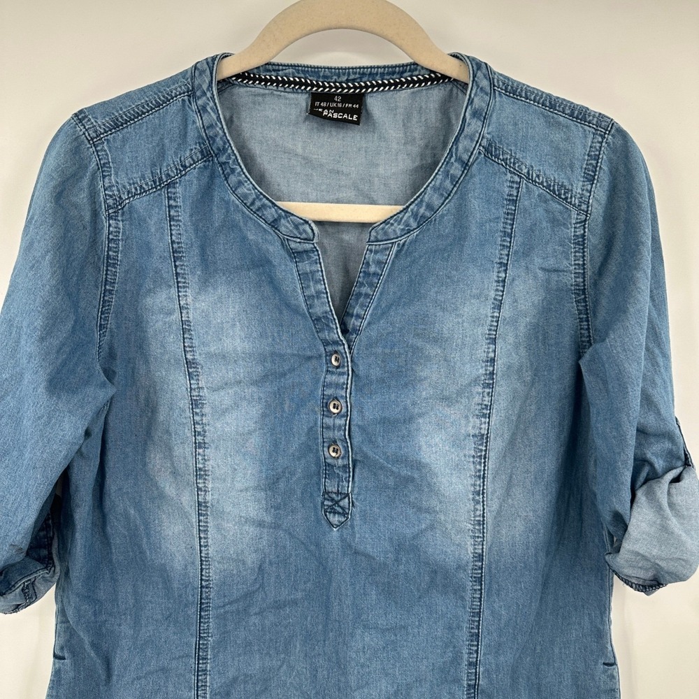 Jean Pascal Denim Tunic Dress Roll Tab Sleeves V Neck Button Front - Picture 2 of 13
